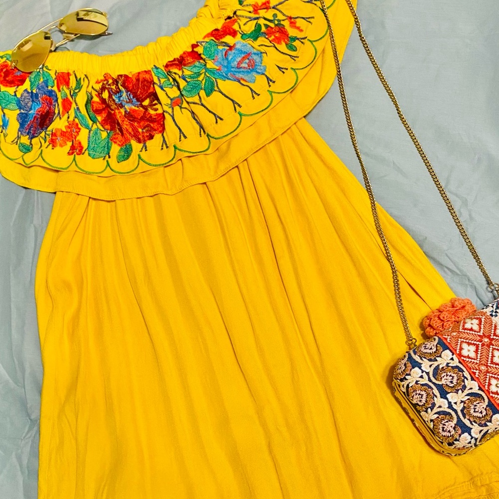 Umgee Mango Embroidered Ruffle Off Shoulder Dress - Picture 3 of 7
